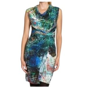 Desigual Sleeveless Cowl Neck Twist Waist Green Pattern Knit Pencil Dress Sz XL